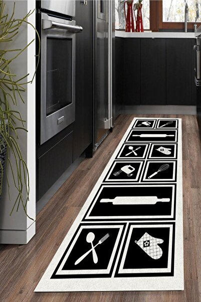 CAPPİO HALI Siyah Beyaz Mutfak Halısı (makinada Yıkanabilir Kaymaz Deri Taban...