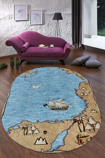 WOOLLY HOME COLLECTİON Korsan Adası Oval Çocuk Odası Halısı (makinada Yıkanabilir Kaymaz Dot Taban) - Wlly1304-2