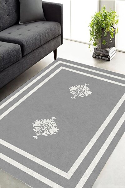 CAPPİO HALI Beyaz Motifli Gri Halı (makinada Yıkanabilir Kaymaz Deri Taban) -...