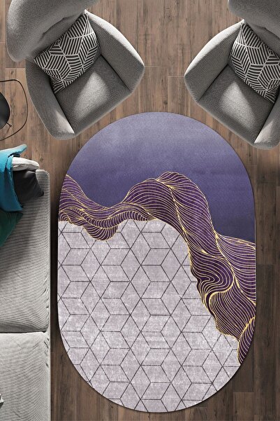 WOOLLY HOME COLLECTİON Gold Detaylı Küp Desenli Mor Oval Halı (makinada Yıkan...