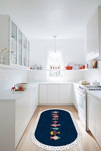 CAPPİO HALI Renkli Balık Desenli Oval Mutfak Halısı (makinada Yıkanabilir Kay...