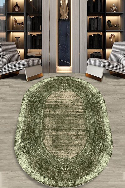 CAPPİO HALI Yeşil Eskitme Desenli Oval Halı (makinada Yıkanabilir Kaymaz Dot ...