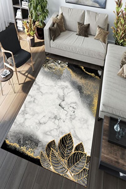WOOLLY HOME COLLECTİON Siyah-gold Yaprak Gül Desen Modern Oval Halı (makinada...