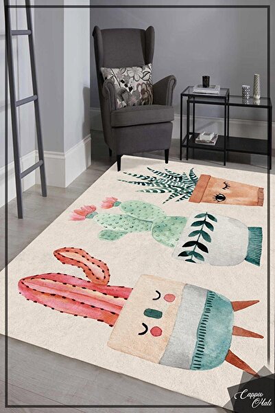 CAPPİO HALI Sevimli Kaktüs Desenli Krem Halı (makinada Yıkanabilir Kaymaz Der...