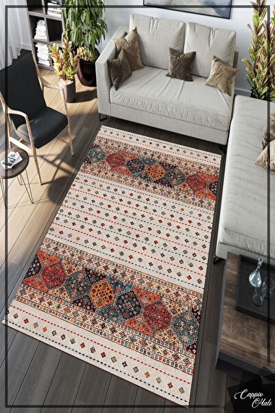 CAPPİO HALI Krem Afgan Desenli Halı (kaymaz Deri Taban Makinada Yıkanabilir) ...