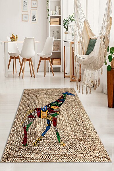 ESTA HALI Renkli Zürafa Desenli Jüt Halı (makinada Yıkanabilir Kaymaz Dot Tab...