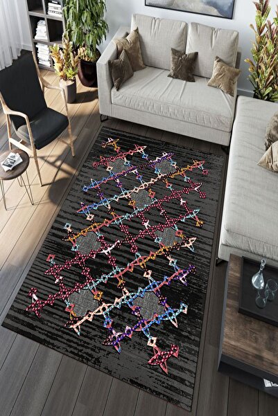 CAPPİO HALI Renkli Molekül Desenli Siyah Halı (makinada Yıkanabilir Kaymaz Do...