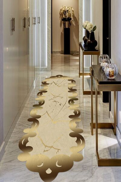 ESTA HALI Gold Geçişli Lazer Kesim Halı (makinada Yıkanabilir Kaymaz Dot Taba...