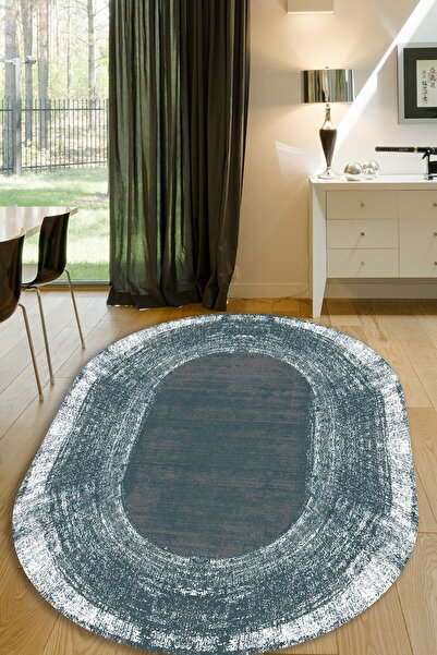ESTA HALI Mavi Eskitme Desenli Oval Halı (makinada Yıkanabilir Kaymaz Dot Tab...