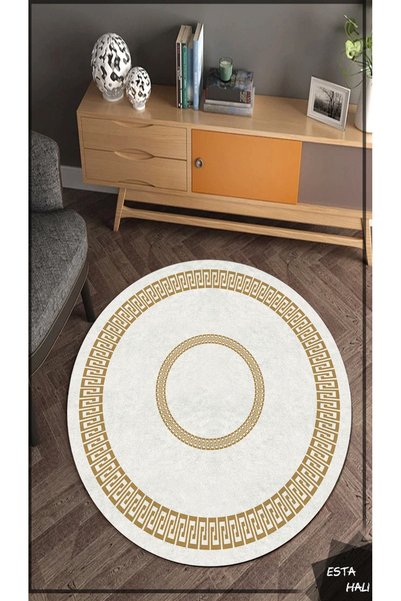 ESTA HALI Gold Zincirli Beyaz Yuvarlak Halı (makinada Yıkanabilir Kaymaz Dot ...
