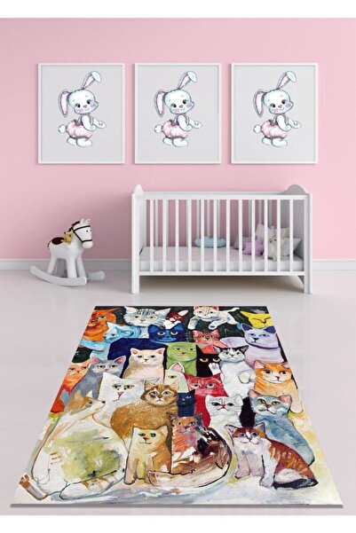 CAPPİO HALI Çoklu Kedi Figürlü Halı (makinada Yıkanabilir Kaymaz Dot Taban) -...