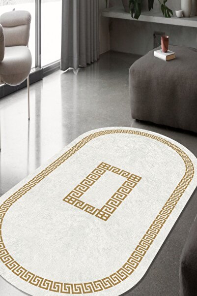 CAPPİO HALI Gold Zincirli Beyaz Oval Halı (makinada Yıkanabilir Kaymaz Dot Ta...