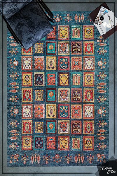 CAPPİO HALI Mavi Afgan Desenli Halı (kaymaz Deri Taban Makinada Yıkanabilir) ...
