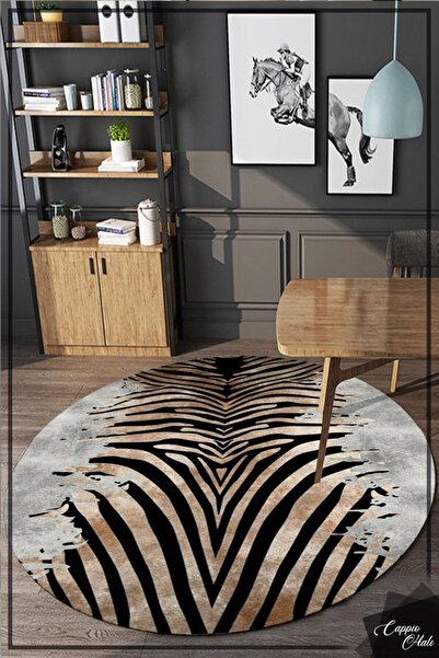 CAPPİO HALI Zebra Desenli Yuvarlak Halı Makinada Yıkanabilir Kaymaz Dot Taban...