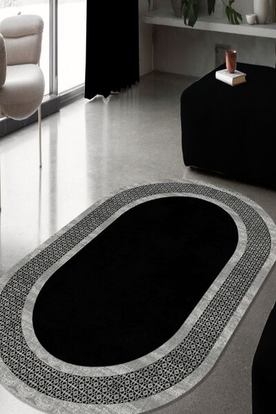 CAPPİO HALI Etnik Desenli Gri-siyah Oval Halı (makinada Yıkanabilir Kaymaz Do...