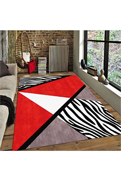 CAPPİO HALI Geometrik Zebra Desenli Kırmızı Halı (makinada Yıkanabilir Kaymaz...