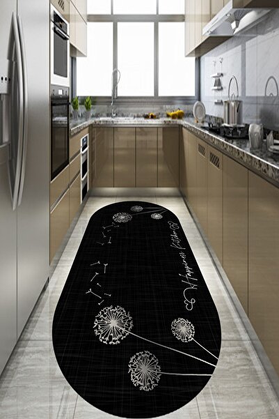 CAPPİO HALI Happiness Kitchen Yazılı Oval Makinede Yıkanabilir Kaymaz Deri Ta...