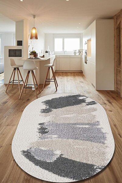 CAPPİO HALI Tuval Desenli Krem Oval Halı (makinada Yıkanabilir Kaymaz Dot Tab...