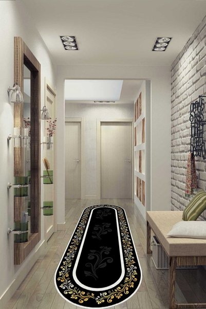 CAPPİO HALI Kenarı Çiçek Motifli Çerçeveli Siyah Oval Halı (makinada Yıkanabi...