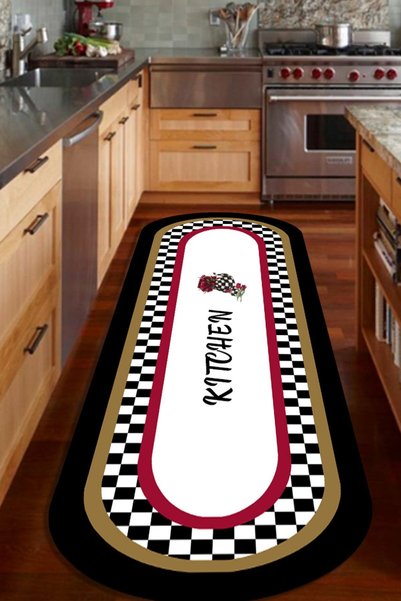 CAPPİO HALI Kitchen Yazılı Oval Mutfak Halısı Makinada Yıkanabilir Kaymaz Dot Taban Cp1122
