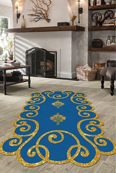 ESTA HALI Lazer Kesim Mavi-gold (simli) Halı Kaymaz Taban (makinada Yıkanabil...