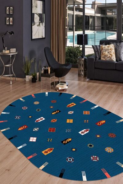 ESTA HALI Mavi Kilim Desenli Oval Halı (makinada Yıkanabilir Dot/keçe Taban 80x80) - Cp648