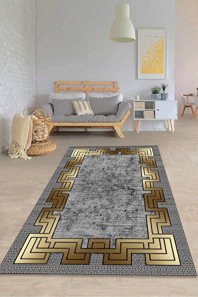 CAPPİO HALI Gold Detaylı Gri Halı Makinada Yıkanabilir Kaymaz Dot Taban - Cp1232
