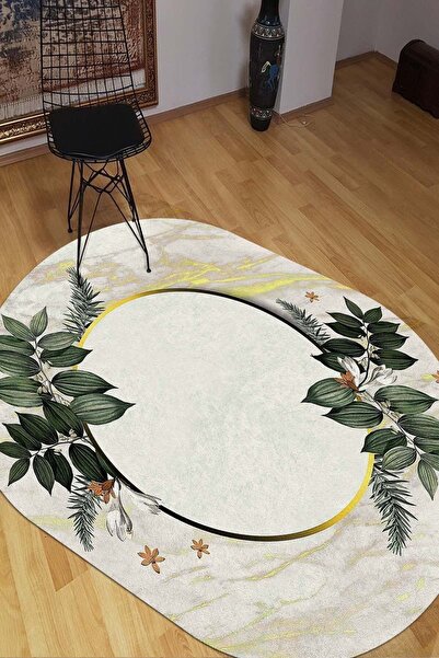 CAPPİO HALI Yeşil Yapraklı Çerçeve Motifli Oval Halı (makinada Yıkanabilir Ka...