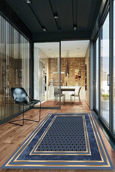 CAPPİO HALI Mavi-gold Eskitme Motifli Kristal Desenli Halı (makinada Yıkanabilir Kaymaz Dot Taban) - Cp1287