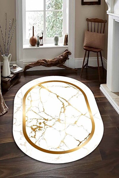 CAPPİO HALI Beyaz-gold Mermer Desenli Oval Halı (makinada Yıkanabilir Kaymaz ...