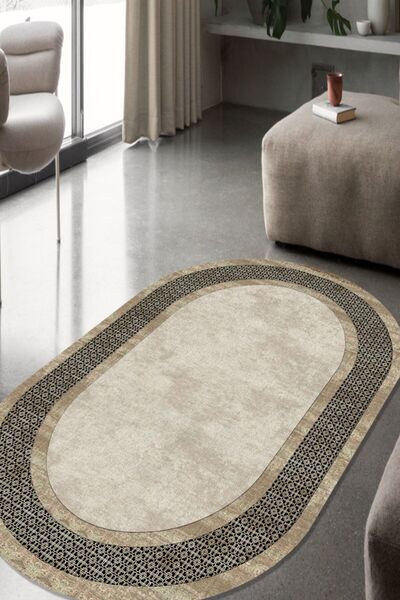 ESTA HALI Etnik Desenli Krem Oval Halı (makinada Yıkanabilir Kaymaz Dot Taban...