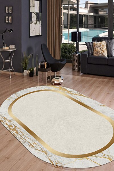 ESTA HALI Gold Detay Şeritli Dijital Baskılı Oval Halı (Makinada Yıkanabilir ...
