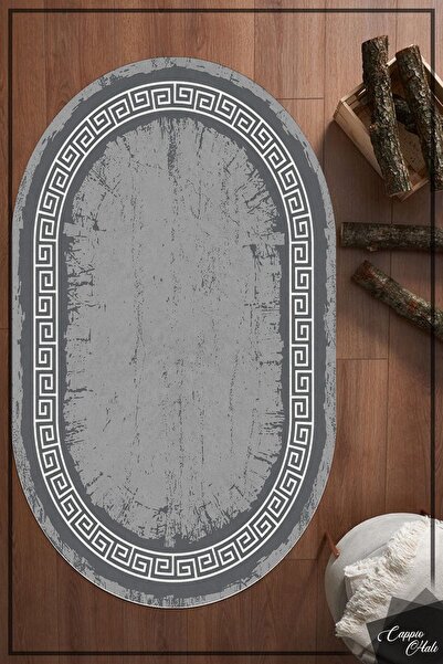 CAPPİO HALI Gri Zincir Desenli Eskitme Oval Halı (kaymaz Deri Taban Makinada ...