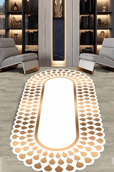 CAPPİO HALI Gold-beyaz Damla Desenli Oval Halı (makinada Yıkanabilir Kaymaz D...