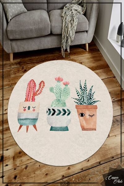 CAPPİO HALI Sevimli Kaktüs Desenli Yuvarlak Krem Halı (makinada Yıkanabilir K...
