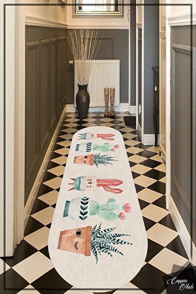 CAPPİO HALI Sevimli Kaktüs Desenli Oval Krem Halı (makinada Yıkanabilir Kayma...