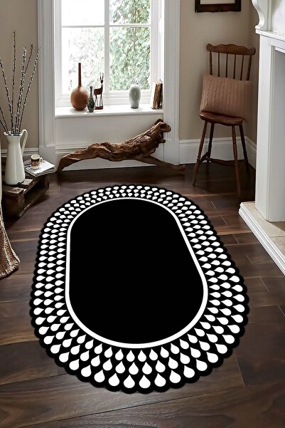 CAPPİO HALI Siyah-beyaz Damla Desenli Oval Halı (makinada Yıkanabilir Kaymaz ...