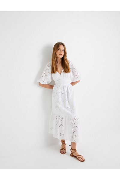 Koton Deep Low-cut Long Scallop Dress with Balloon Sleeve and Buttons
