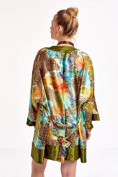 Argento Green Leopard Patterned Satin Kimono