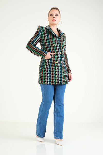 Giyim Dünyası Jachetă verde pentru femei - model Houndstooth și detaliu cu nasturi metalici