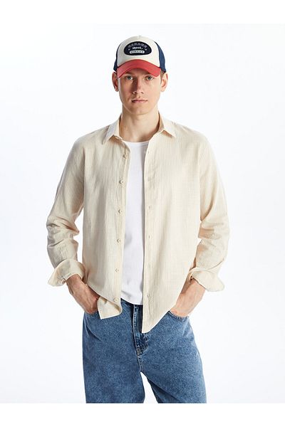 LC Waikiki Lcw Casual Light Beige Striped Regular Fit Long Sleeve Linen Blended Men's Shirt
