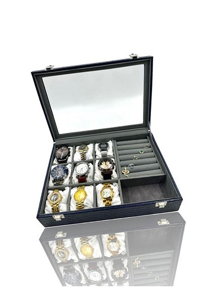 Dijital Çarşı Richbox 9-Piece Watch Combo - Mango Navy Bracelet and Brooch Cufflink Set