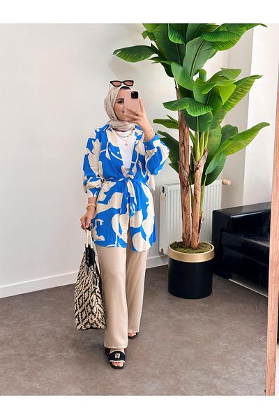 ASEL FASHİON Blue Sofi Shirt Set - Cotton Viscose