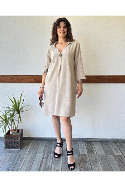 ByEnBi Jewelled Stone Muslin Dress with Pocket Shirt Collar
