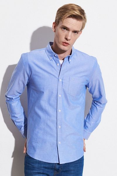 WRANGLER Regular Fit Regular Cut 100% Cotton Light Blue Oxford Shirt