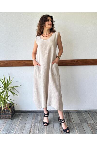 ByEnBi فستان كيس كتان بيج - قياسي إيطالي