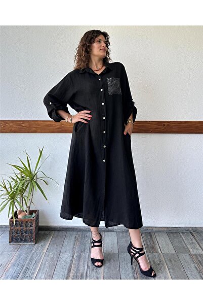 ByEnBi فستان قميص إيطالي من الكتان الأسود مزين بالترتر مع جيوب - Std