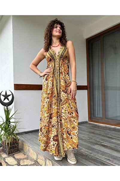 ByEnBi Altın Varaklı Sırt Dekolteli Sarı Ipek Elbise Std