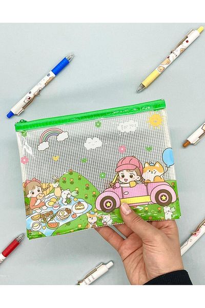 Kağıt Gemi Dükkan Cute Transparent and Zippered Green A5 File Folder/Collector/Pencil Case/Zipper Bag