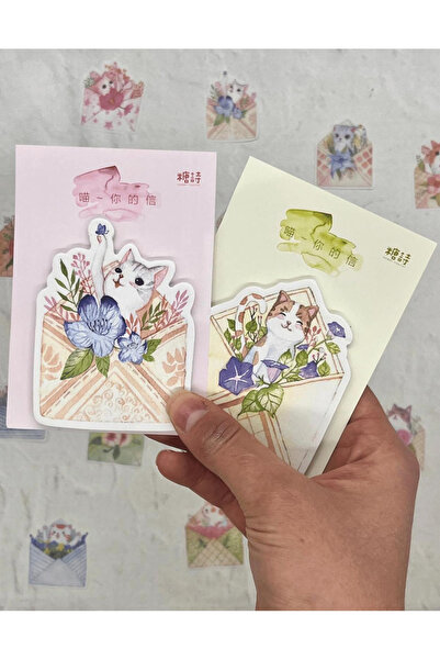 Kağıt Gemi Dükkan Pembe ve Yeşil Kedi Desenli 2'li Post-it Seti / Sticky Note...